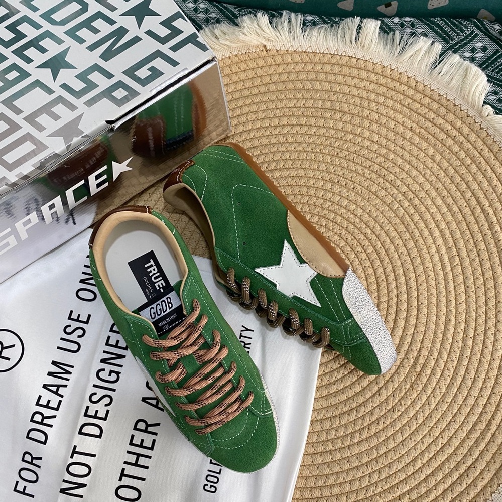 Golden Goose Green Suede Sneakers with White Star and Tan Accents